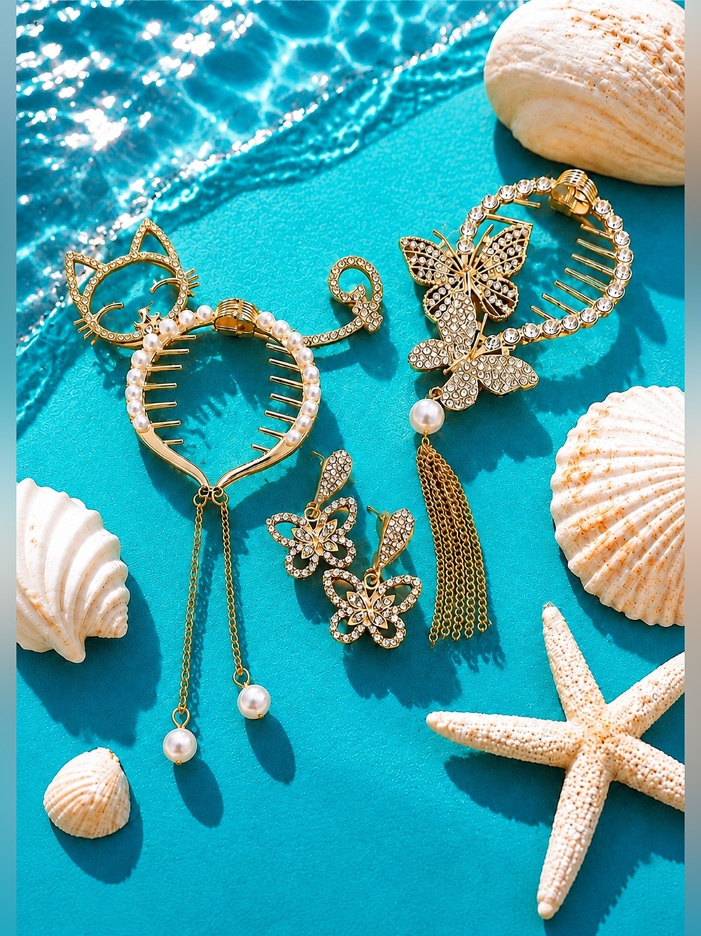🦋 Rhinestone Butterfly Earrings + 2 Decorative Gold Hair Combs Bundle 🐱